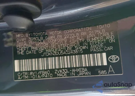 2010 Toyota Prius z USA, uszkodzony, nr VIN JTDKN3DU5A0243815